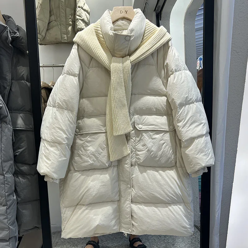 Winter Women White Duck Down Coat Female Knitted Hooded Detachable Zipper Coat Casual Lady Thick Warm Puffer Outwear