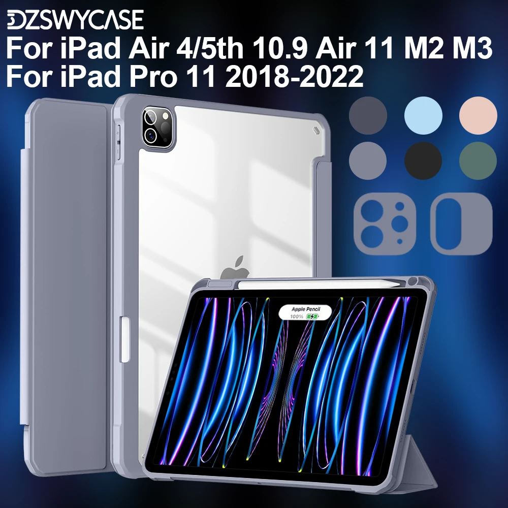 

Case for iPad Air 4/5th 10.9 inch Air 11 M2 M3, for iPad Pro 11 2018-2022, Transparent Cover, With Pencil Holder,Auto Sleep/Wake