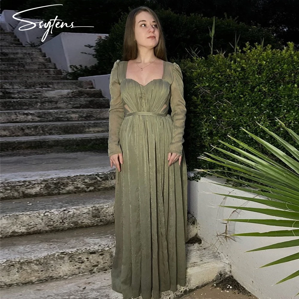 

SSYTENS Pleat Chiffon Evening Dresses Green Beach Celebrity Prom Gowns Dubai Split Lilac Party Dress Long Sleeves Robe De Mariée