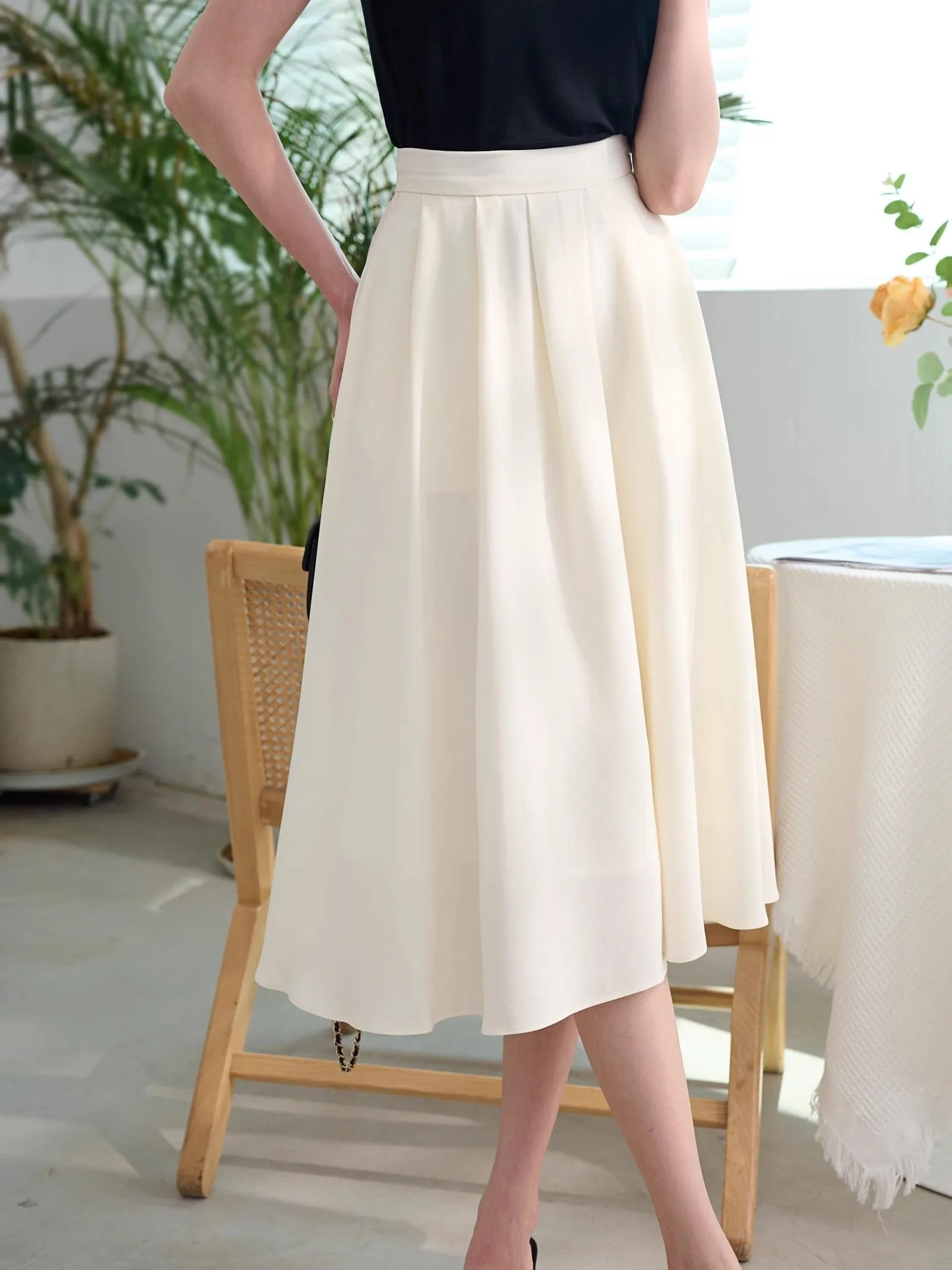 

Юбка-трапеция с высокой талией из атласного ацетата в стиле Хепберн, плиссированная, средней длины, расклешенная, однотонная, для повседневной носки