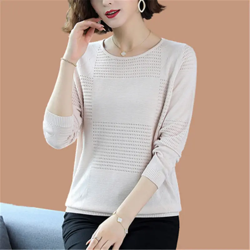 2024 New Simple Spring and Autumn Solid Color Women\'s Round Neck Hollow Fashion Commute Long Sleeved Loose Sweater Knitted Tops