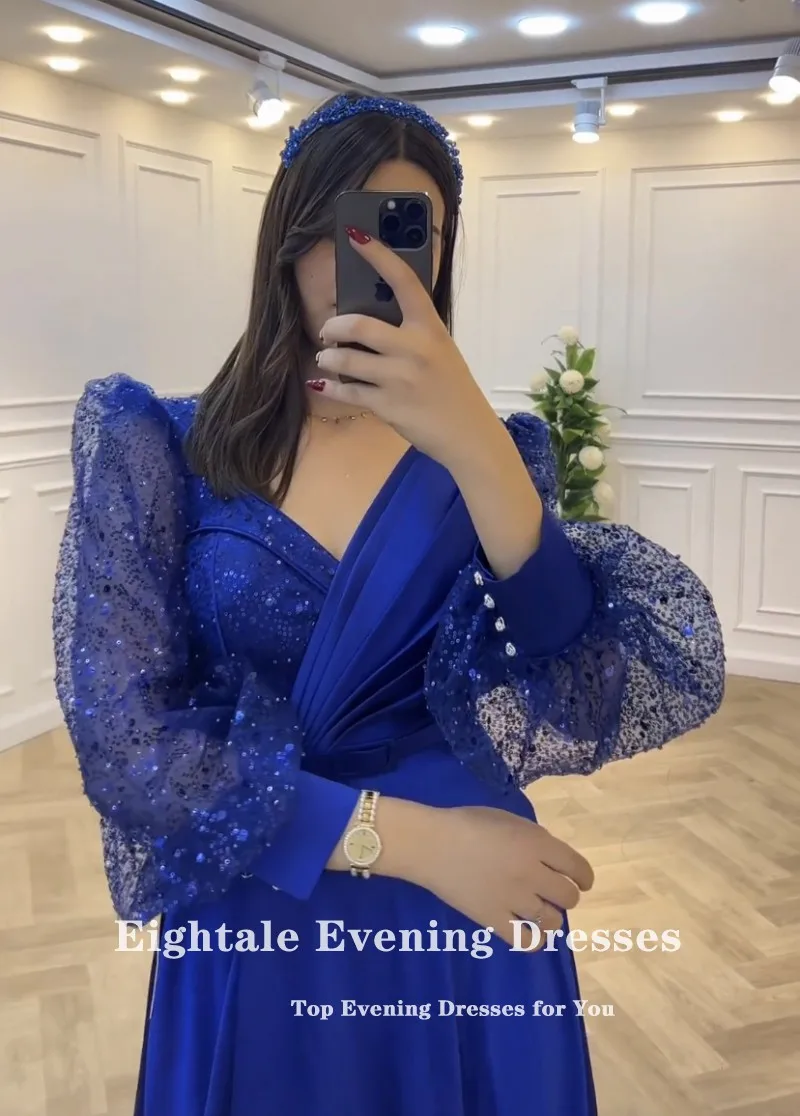 Eightale Royal Blue Evening Dresses Puffy Sleeves Sweetheart Glitter Customized V-Neck Satin Prom Party Gown vestido de fiesta