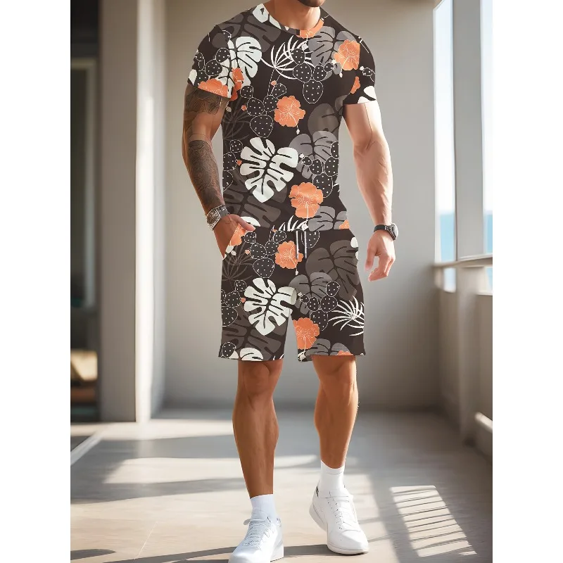 2025 Summer 3D Digital Printing Creative Casual Round Neck Short Sleeved Shorts Set Fashionable New Trend Retro Men's T-shirt