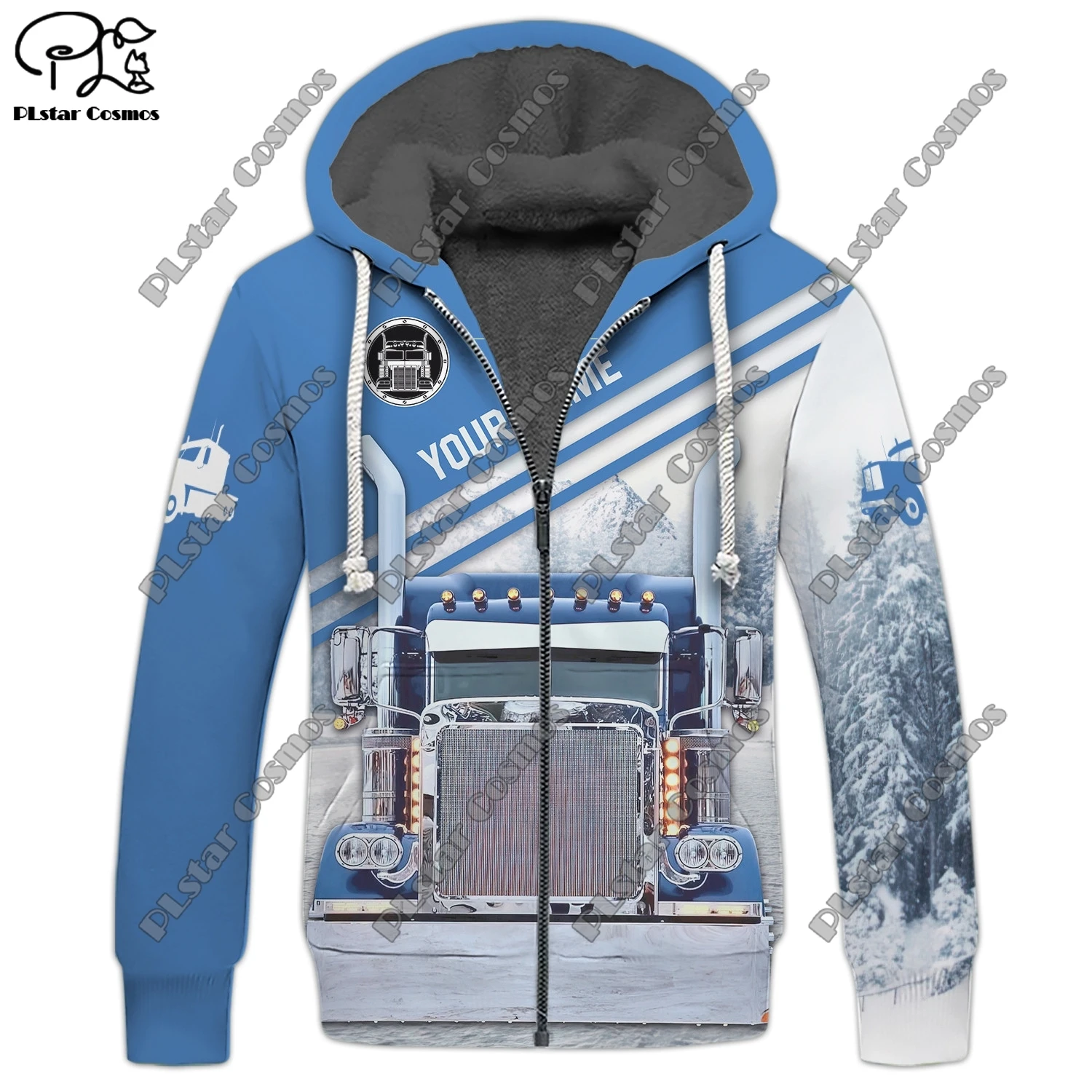 3D printing new car series school bus truck van pattern warm hooded thickened jacket zipper fleece hoodie winter coat casual