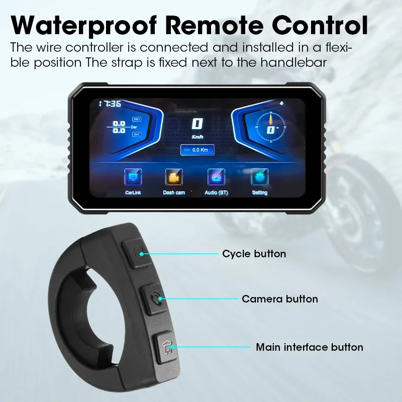 Develuck 6.25" 4K+1080P Motorcycle DVR GPS Navigation Wireless CarPlay Android Auto Bluetooth Dual Lens Moto Remote Controller view 4