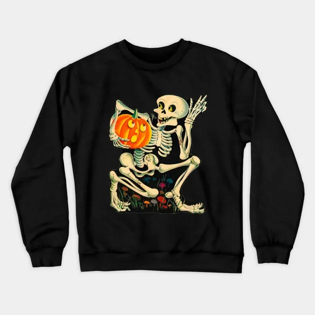 

Autumn and Winter Style Halloween Spirit Sweatshirt, "Rock - N - Roll Skeleton with Pumpkin" Graphic for A Trendy Look