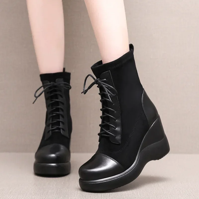 8cm Small Size 32-43 Flexible Frosted Leather Platform Wedges Shoes Ankle Boots 2024 High Heels Stretch Boots Women Office Mom