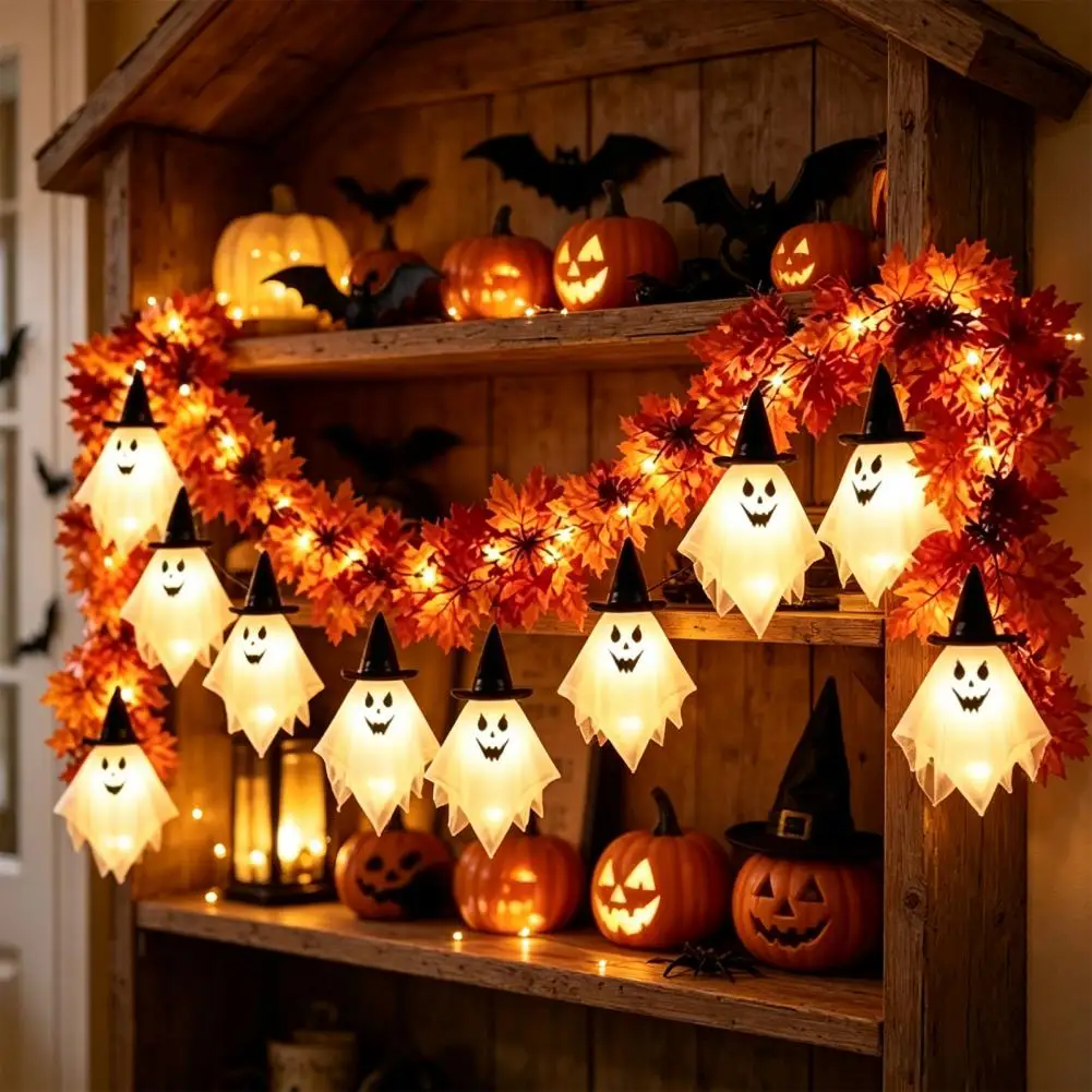 Halloween Ghost String Lights Indoor Outdoor Hanging Decorations 70 Inch Halloween Ghost Garland Spooky Led Maple Leaf for Party