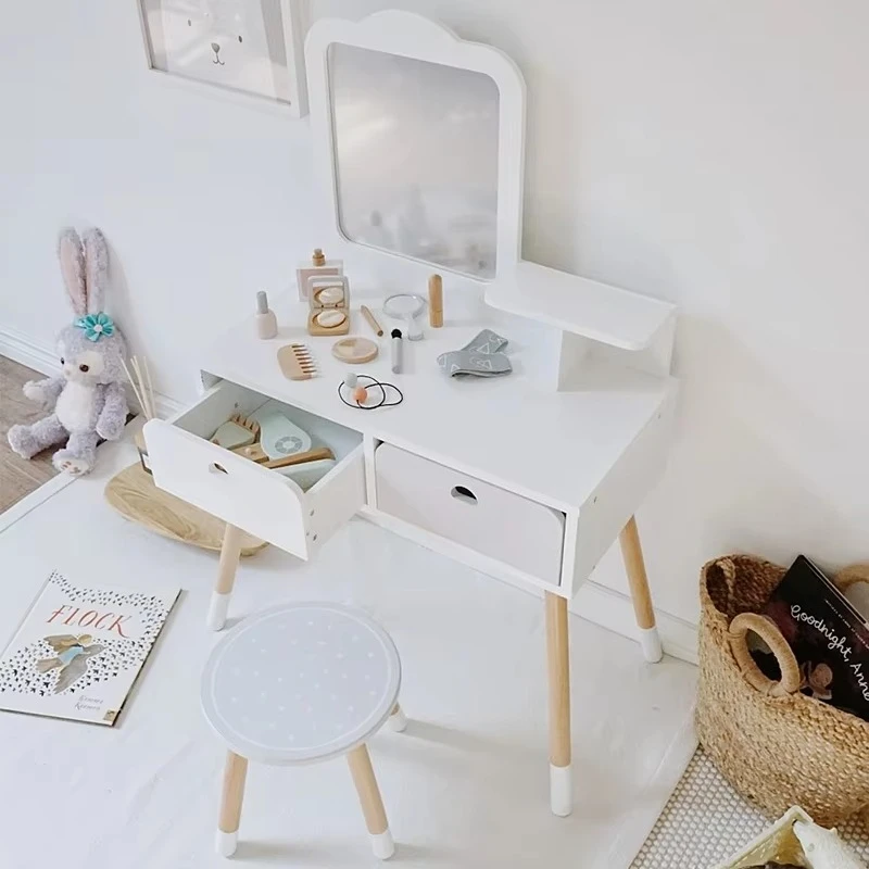High Quality Wooden Wholesale Early Educational Kids Pretend Play Toy Set Vanity Table With Simulation Make Up Dresser For Girls