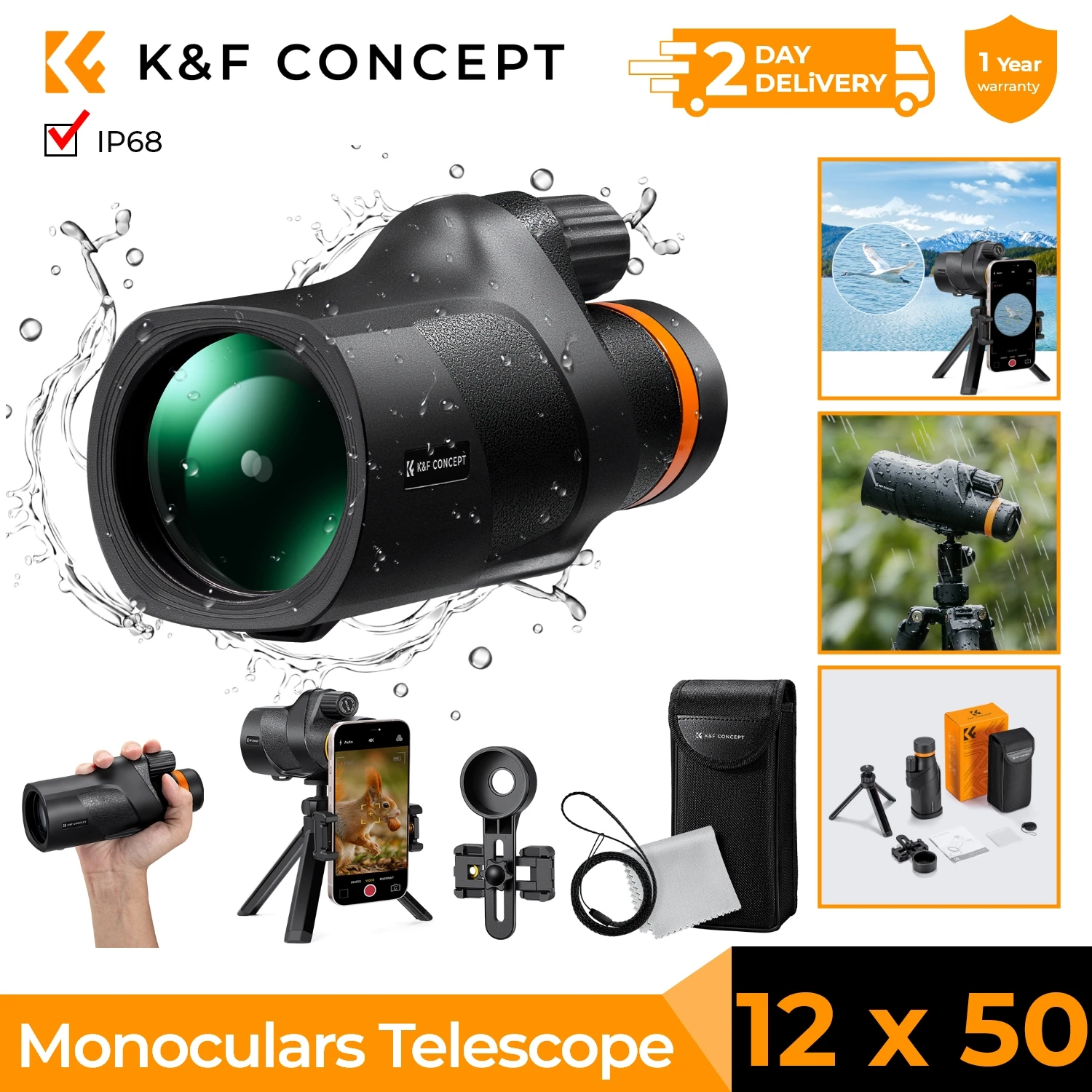 K&F CONCEPT IP68 waterdichte 12x50 monoculaire telescoop met BAK4-prisma, HD-monoculair voor kamperen en reizen, inclusief telefoonhouder en statief.