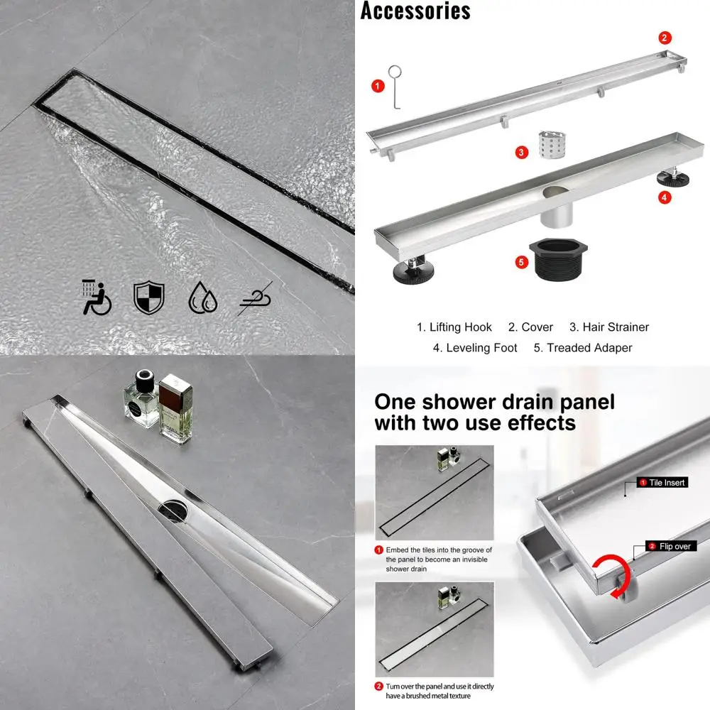 

28 Brushed Stainless Steel Linear Shower Drain with Tile Insert and Adjustable Feet