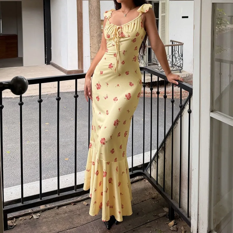 

Tsiisd Elegant Yellow Floral Print Women' Maxi Dress Ruffle Romantic Mermaid Slim Evening Party Wedding Dresses Female Dress New
