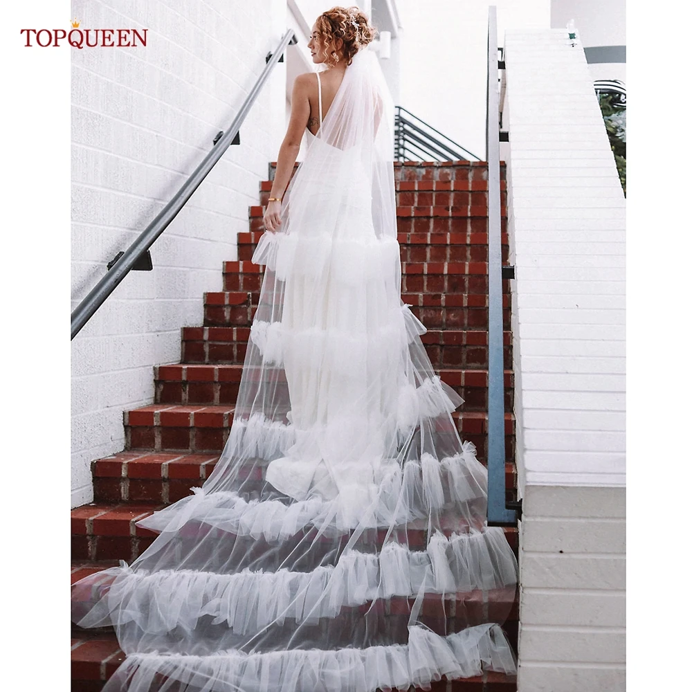 TOPQUEEN V117A 신부 베일, 부드러운 얇은 명주 그물 베일, 성당 길이, 싱글 티어 로우 엣지, 웨딩 베일, 레트로 베일, 웨딩 로트