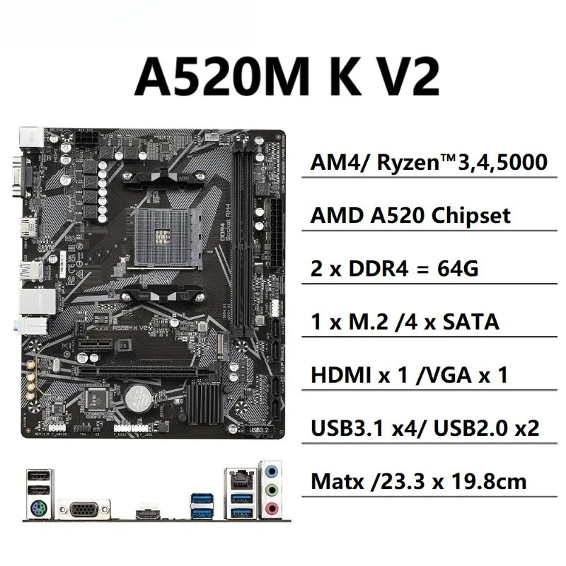 A520MK V2 Computer Motherboard, AM4 Socket A520 Chipset, Stable Operation for Home Office and Gaming PC Builds