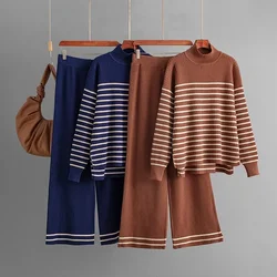 2024 Autumn Winter Knitted Pants Suit New Fashion Casual Striped Slit Long Sleeve Sweater Wide Leg Pant Womens Two Peice Sets