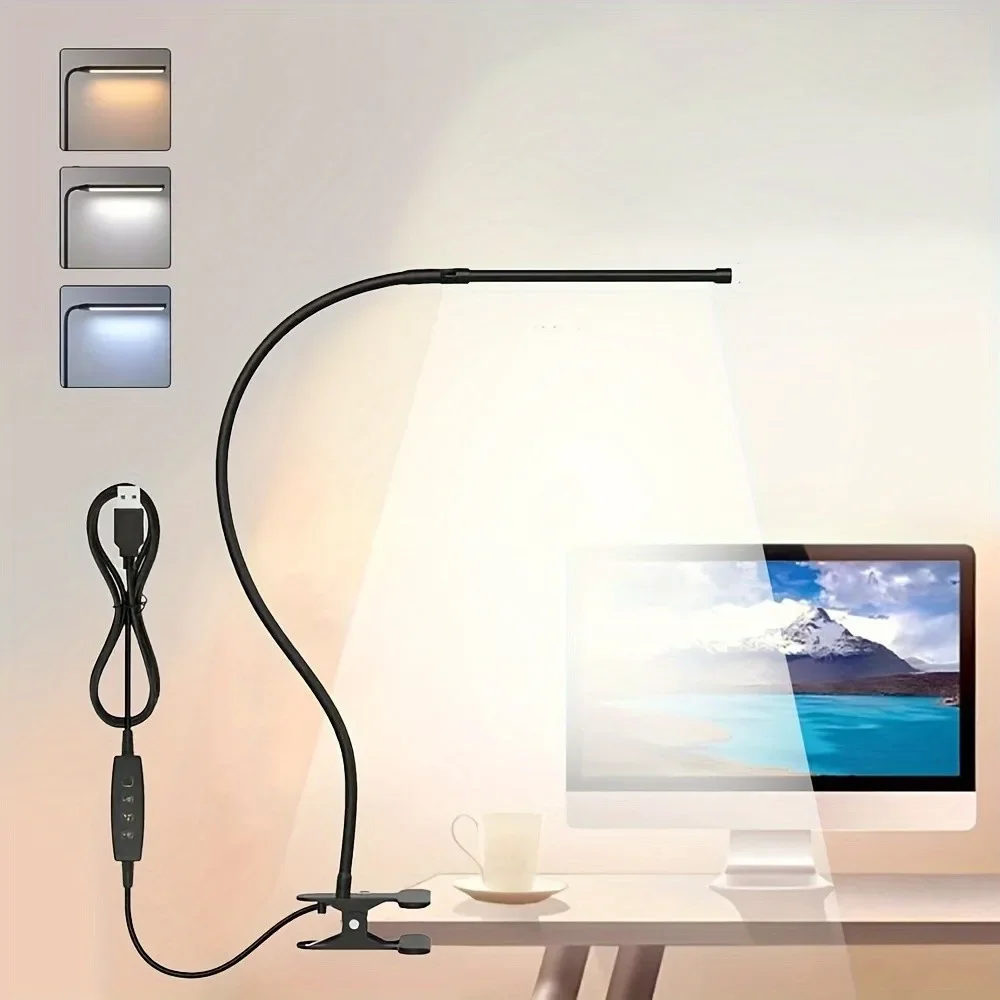 USB Powered Eye Protection Table Light 3-color 10 Level Brightness Adjustment Clip On LED Desk Lamp For Bedroom With Adapter