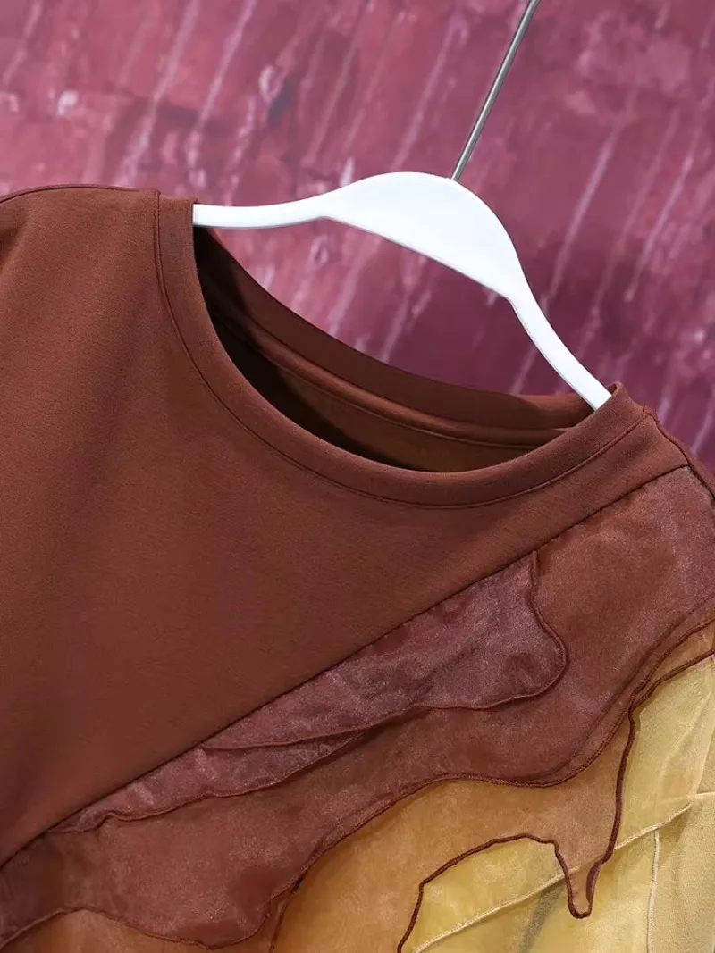 2025 European Haute Couture Fabric Irregular Mesh Design Niche Retro Color Matching T-shirt Age-reducing Short-sleeved Women