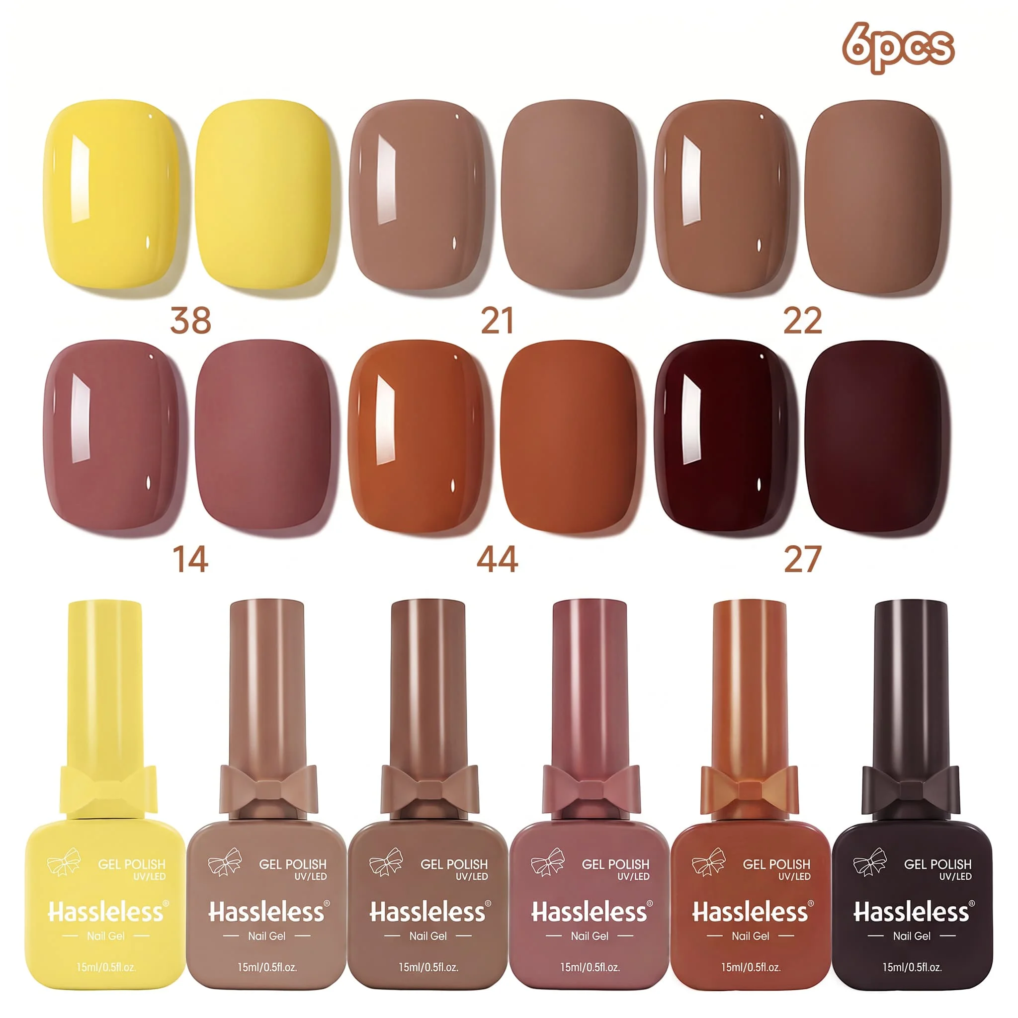Hassleless Retro Maillard 6-Piece Nail Polish Gel Set, 15ml Large Capacity Bottles, Silky Smooth and Translucent Color, Versatile for Autumn and Winter, Brightening Effect, Salon-Quality DIY Nail Art Set for Home Use