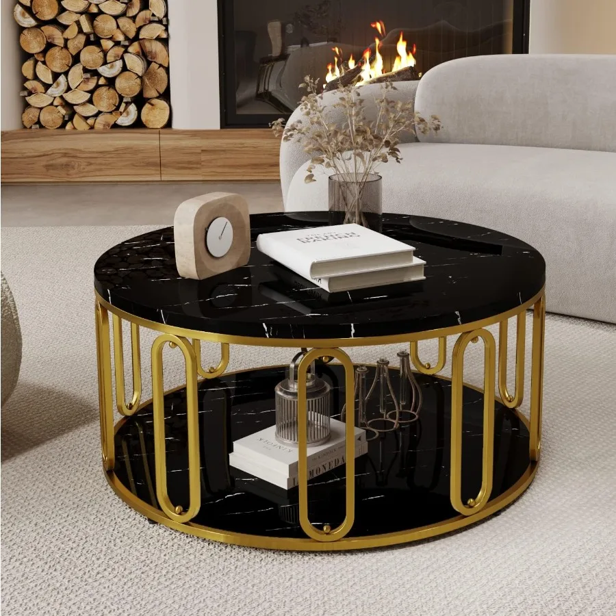 Round Coffee Table for Living Room, Wooden Marble Pattern Top in Black with Round Open Storage and Solid Golden Metal Legs