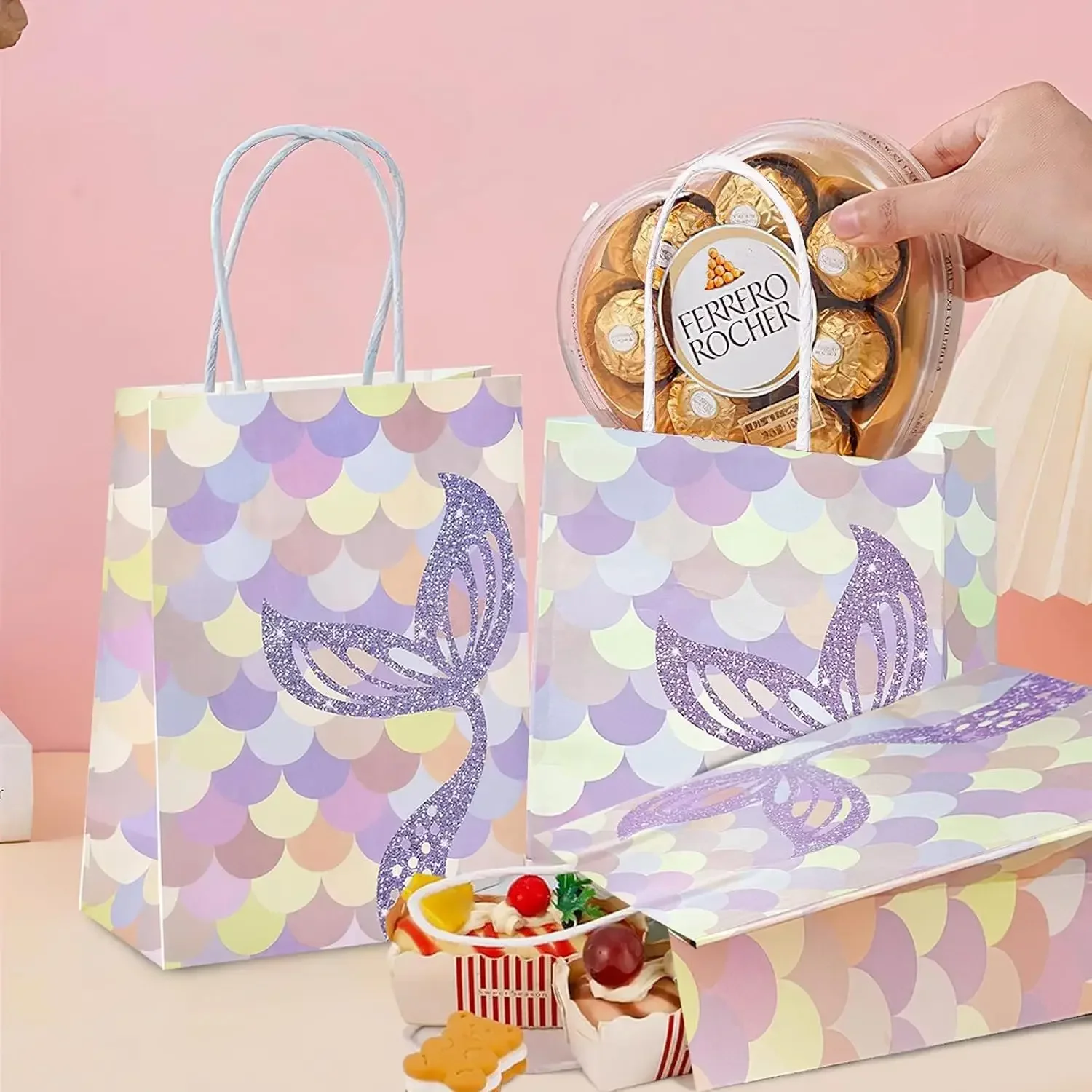 Mermaid Handle Paper Gift Bags with Handles for Cookie Candy Packaging Christmas Birthday Party Festival Supplies Favors ﻿