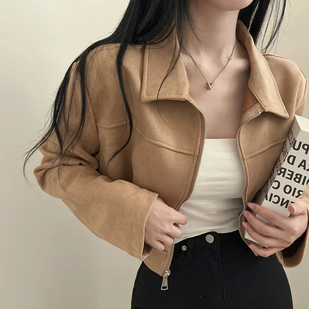 ChicAutumn Korean Style Vintage Simple Slimming Versatile Zippered Lapel Chamois Leather Fluffy Short Jacket For Women