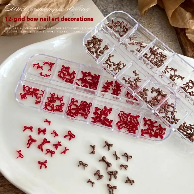 12 Grids/Box Bow Nail Art Decorations 3d Red Brown Bowknot Resin Charms Jewelry Diy Manicure Decoration Supplies Accessories