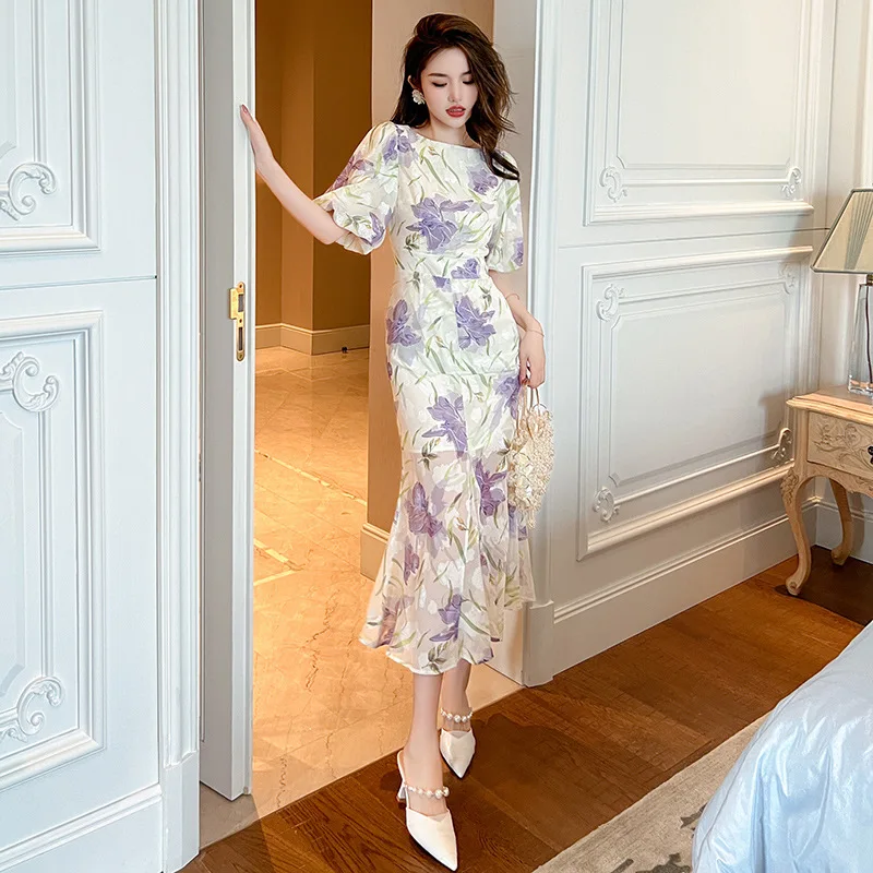 

Coigarsam Women's Summer Dress New Office Lady Solid Print Puff Sleeve Zipper O-Neck Purple Dresses