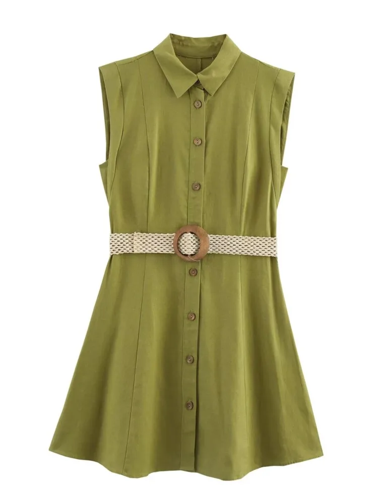 셔츠 짧은 드레스 여성 패션 간단한 민소매 리넨 민소매 벨트 미니 드레스 2025 새로운 여름 싱글 브레스트 드레스
