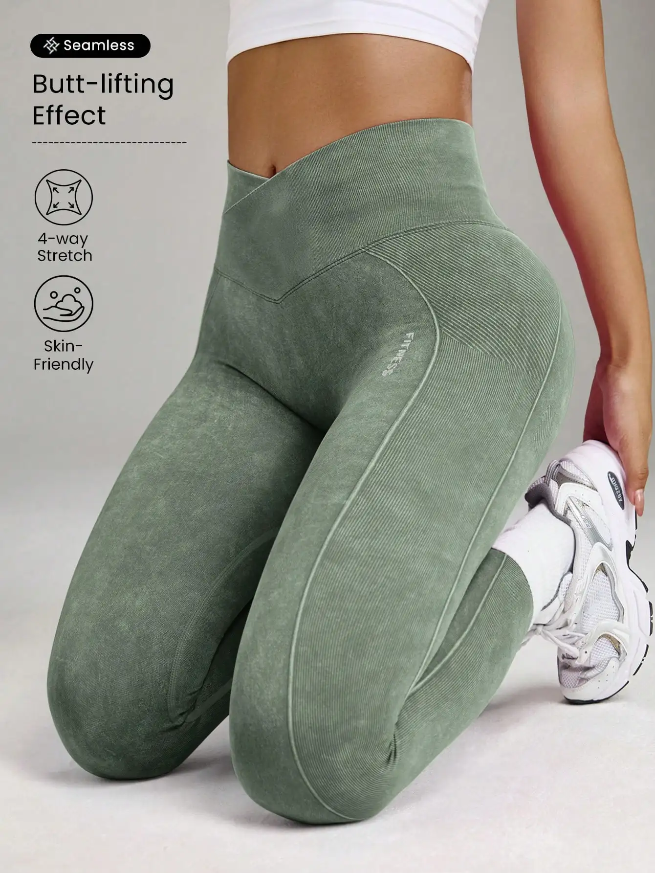 Damen Plus Size High Waist Nahtlose Yoga-Hose mit Po-Lifting-Effekt und Kreuz-V-Bund für Fitness-Workouts – Detail 6