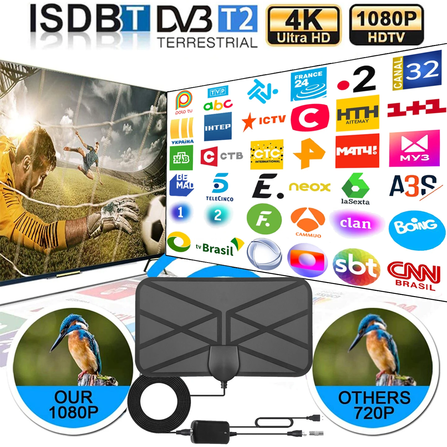 Antena de TV Digital de alta ganancia, amplificador de 3000 millas, 4K, 8K, 25dB, HD, para interior activo, diseño plano HD para DVB-T2