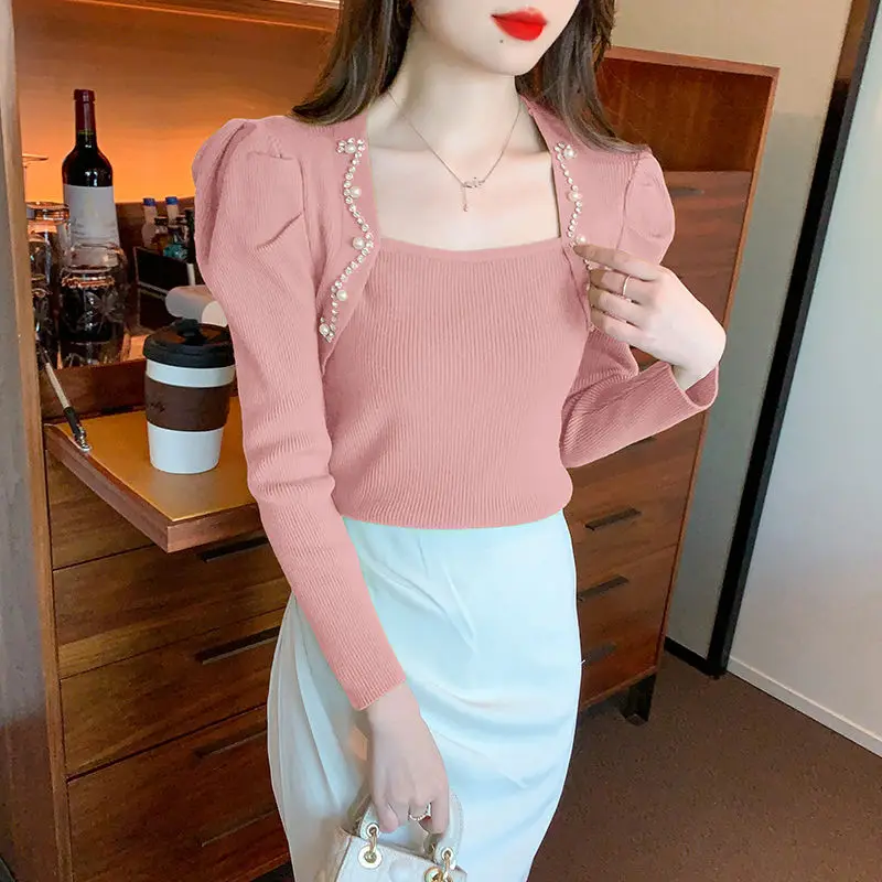 Temperament Autumn/Winter Women\'s Solid Square Collar Embroidered Flares Puff Sleeve Fashion Chic Knitted Bottoming Shirt Tops