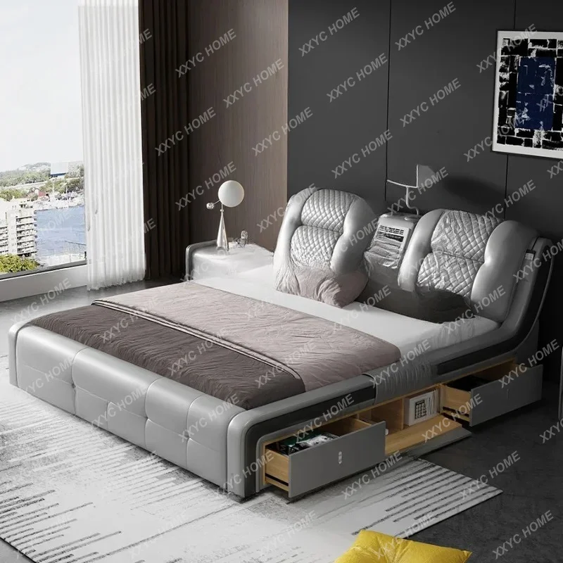 tatami bed master bedroom queen bed modern simple double smart projector massage multi-function leather bed