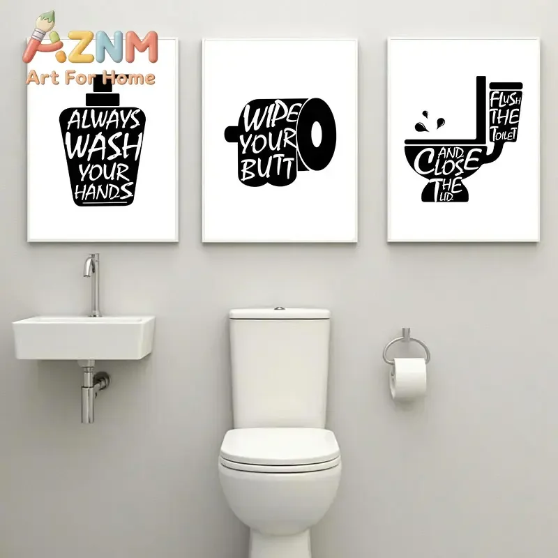 AZNM Funny Bathroom Quote Canvas Wall Art Black White Toilet Text Typography Art Print Unframed Canvas Poster for Restroom Home
