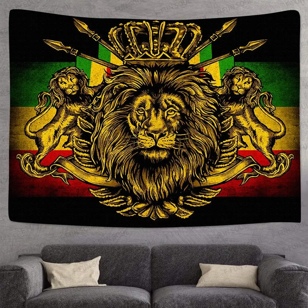 Vintage Royal Lion Crown Tapestry, Rasta Reggae African Flag Print Wall Art for Bedroom Living Room Dorm Apartment Decor - view 4