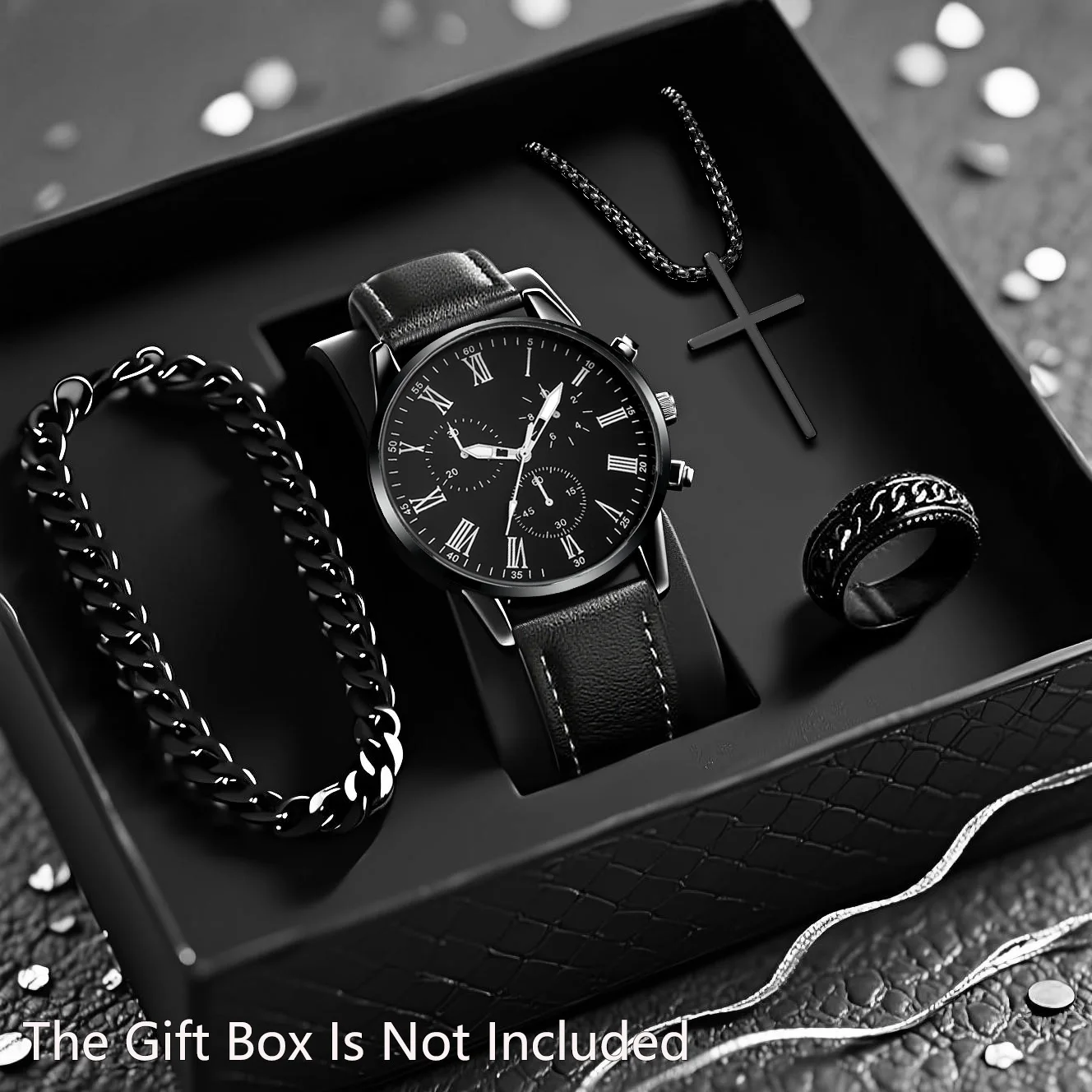 4PCS Men's Business Watch Fashion Leather Strap Simulation Quartz Watch Fashion Necklace Bracelet Ring Set