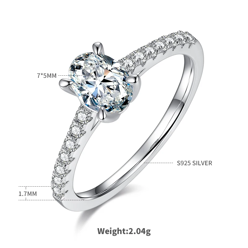 

Egg shaped S925 silver plated white gold moissanite diamond women's ring 1.0 carat D-grade