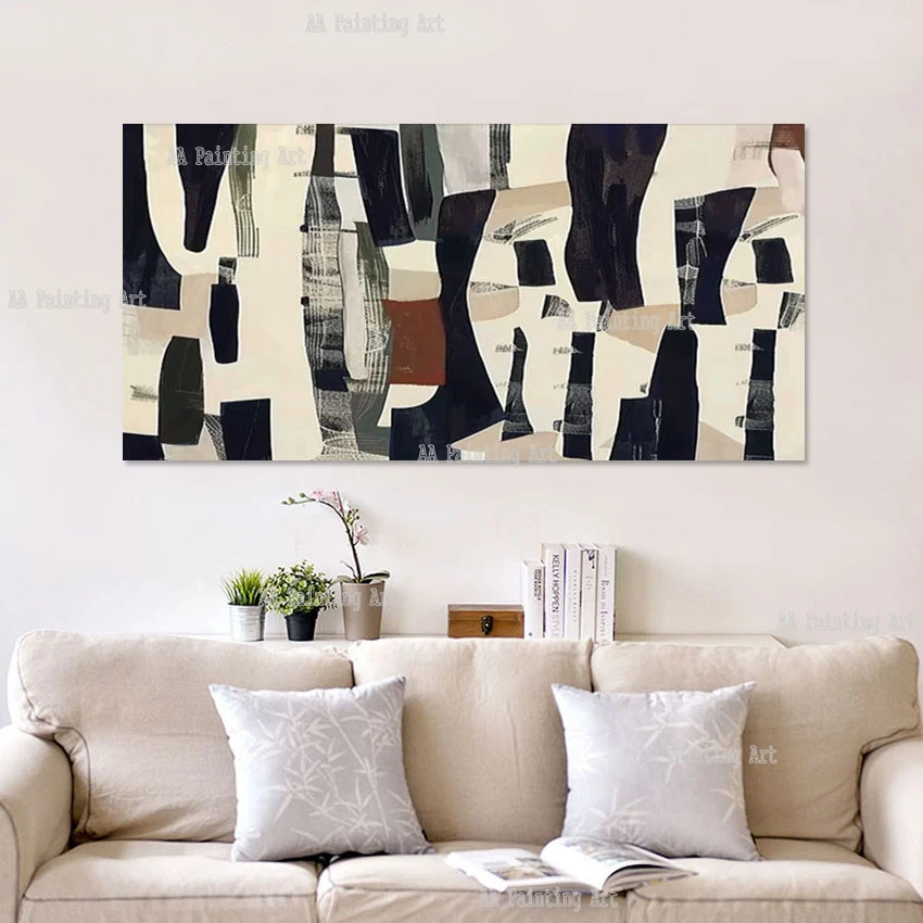 Large Size Living Room Decor Luxury Black And White Abstract Geometry Shape Acrylic Painting Pure Handmade Abstract Murals Art