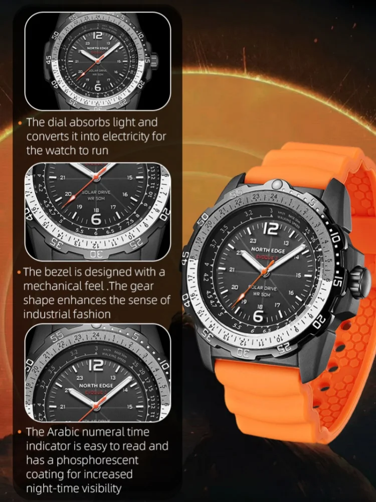 NORTH EDGE EVOQUE2 موضة ساعة معصم الرجال الرياضة في الهواء الطلق مقاوم للماء الطاقة الشمسية مضيئة مقاوم للماء الساعات للرجل reloj hombre
