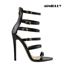 Women Black Strappy High Heel Sandals Open Toe Back Zipper Stiletto Party Shoes Custom Color