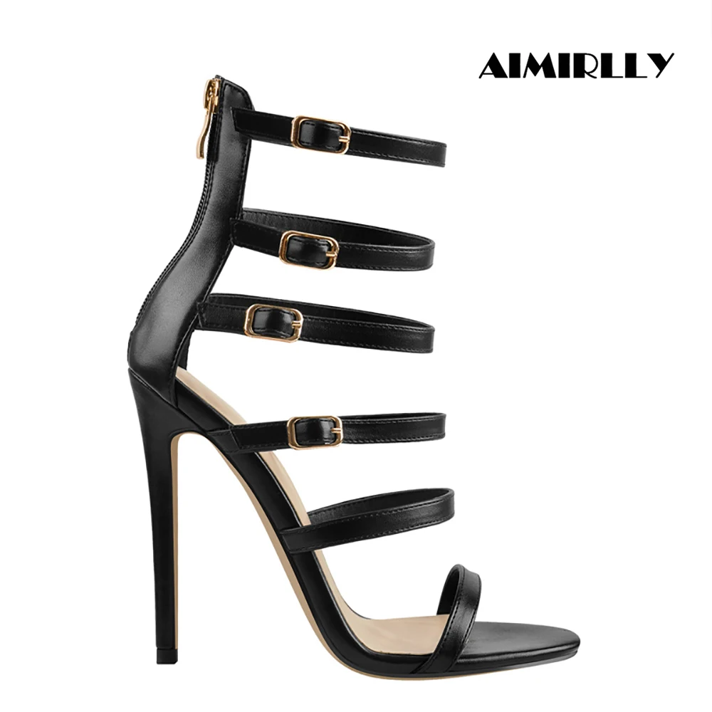 Stylish Women's Strappy Sandals Open Toe High Heel Shoes Back Zipper Ladies Clubwear Party Dress Heels Customized Black