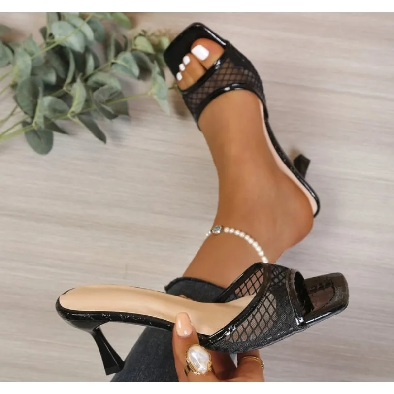 New High Heel Weaving Slippers Sexy Square Toe Hollow Out Slip on New Arrivals Fashion Women Modern Shoes