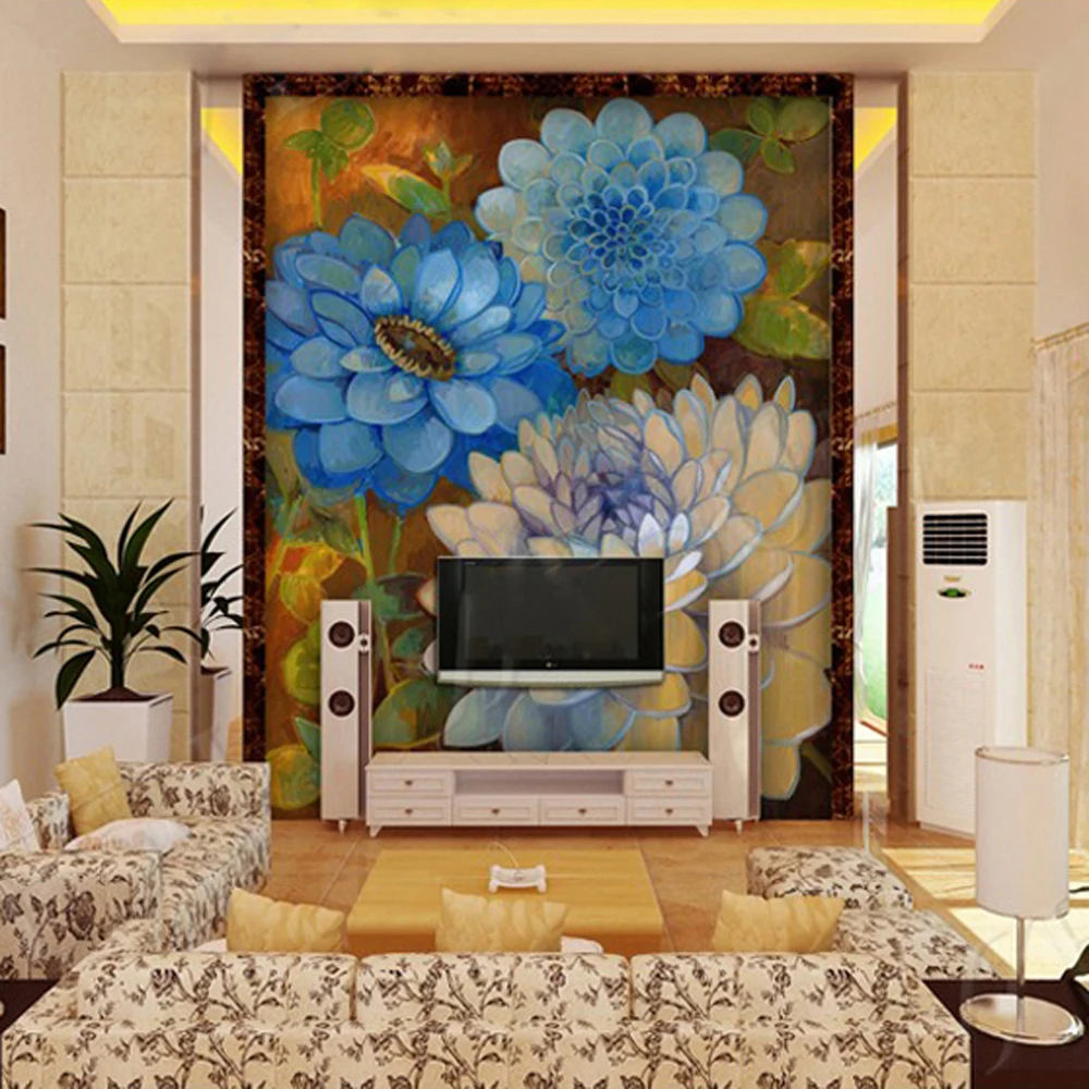 3D European style living room, bedroom sofa TV wall, background wall decoration wallpaper, peanut flower simulation oil painting