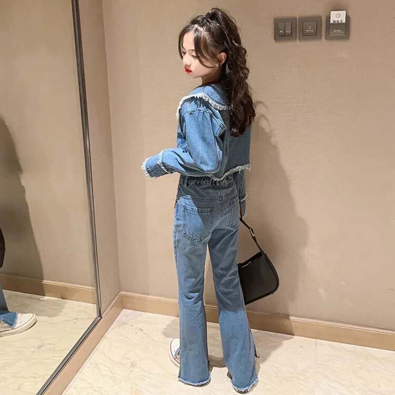 2023 Autumn Spring New 6 8 10 12 14 16 Years Teenage Clothing Outfits Long Sleeve Denim Jacket Jeans Two Pieces Kids Girls Set