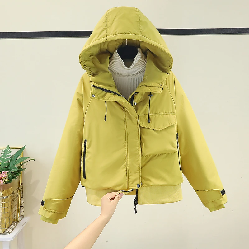 เสื้อโค้ทผู้หญิงแบบใหม่ ปี 2025 ผ้าฝ้ายผสมขนเป็ด ทรงหลวม สไตล์ลำลอง แฟชั่นฤดูหนาว เสื้อคลุมมีฮู้ดสุดเทรนดี้