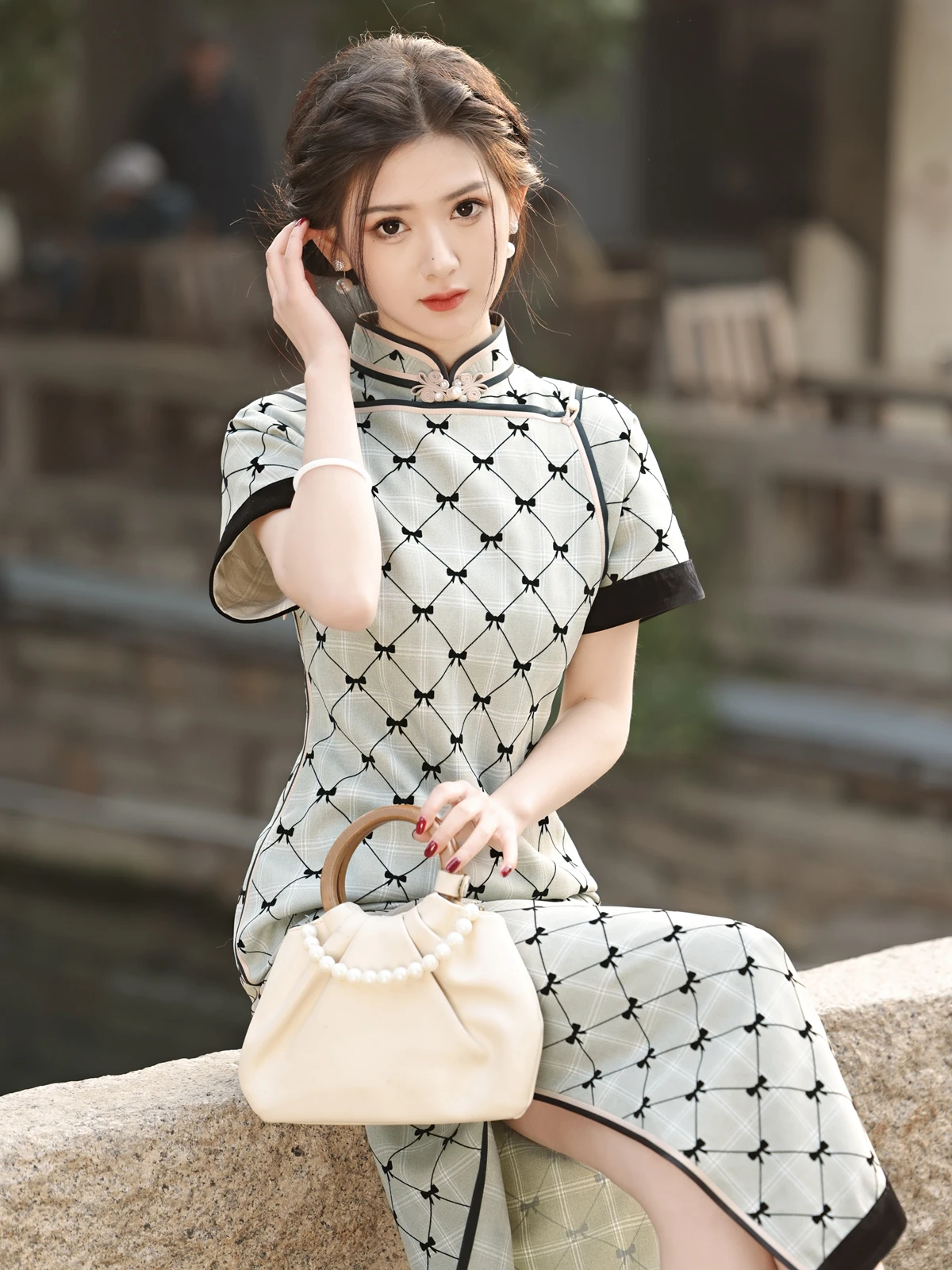 Young Gentle Lady Style Slim-Fit Flocking Half Cardigan Cheongsam Spring and Summer New Elegant Everyday Dress