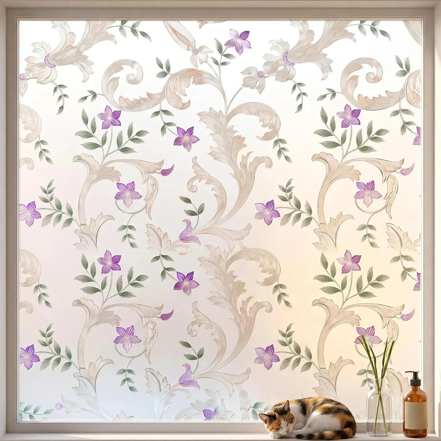 Floral Stained Glass Window Film Privacy Static Cling, Anti-UV Heat-Reducing Window Film Decal Tint Decor for Room Decoration