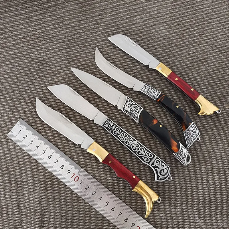 Outdoor Roast Lamb Chopping Knives New Hot Selling Copper Head Solid Wood Pattern Etching Steel Head Resin Handle Folding Knife