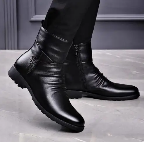 New Men Black Genuine Leather Round Toe Zipper Side Classic High Top Ankle Boots Male Business Warming Fur Short Boots Shoes