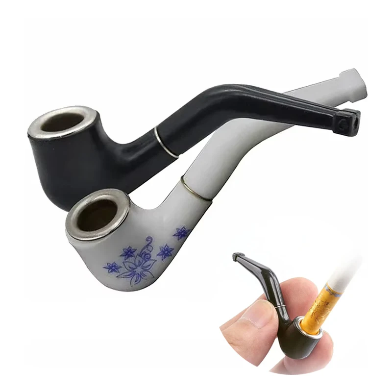 

Handheld Blue White Pattern Ceramic Pipe Resin Bent Pipe Smoking Filter Herb Grinder Portable Cleaning Smoke Pipe Cigarette Tool