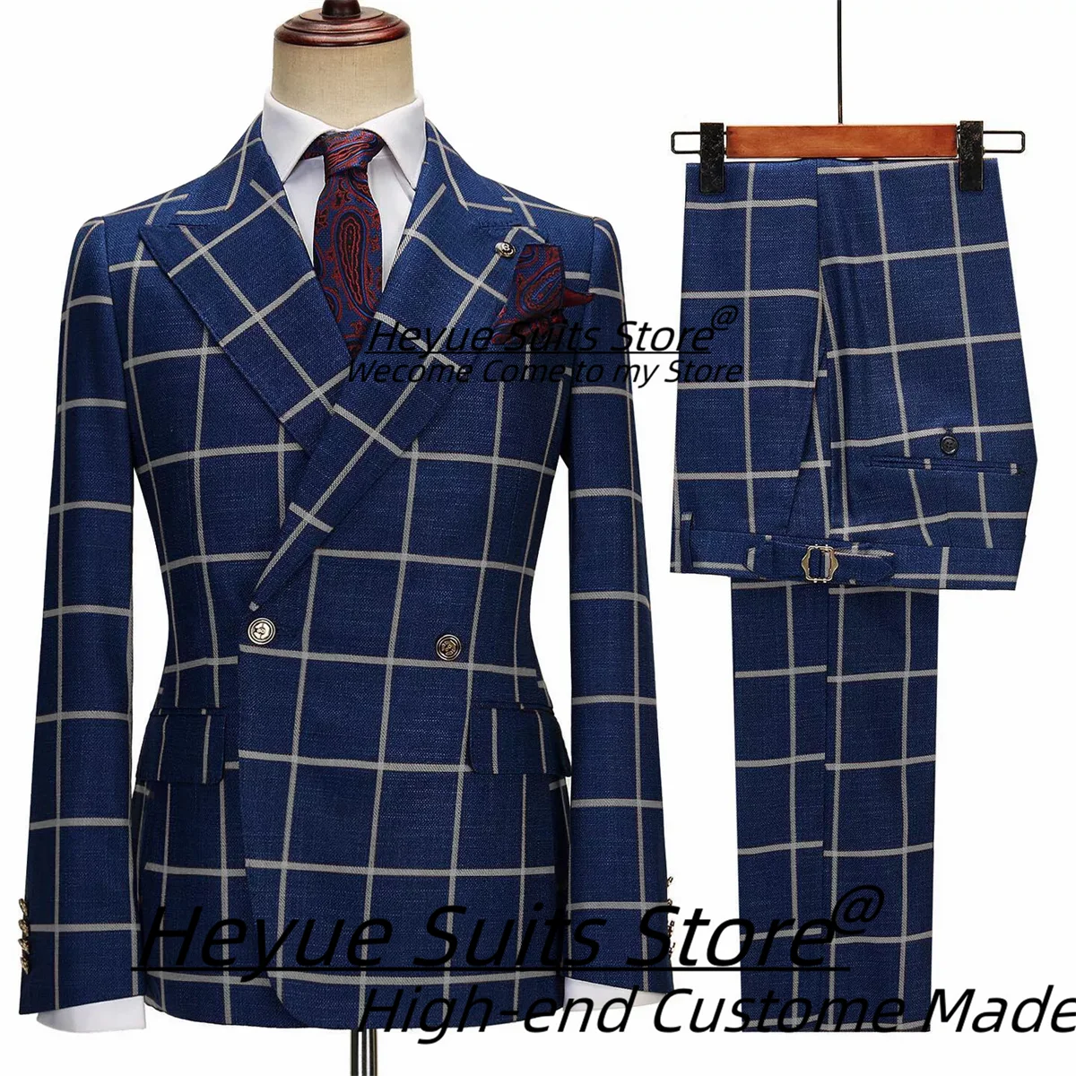 Business Navy Blue Plaid Men Suits Slim Double Breasted Peak Lapel Groom Tuxedos 2 Pcs Sets Office Work Male Blazers Ropa Hombre